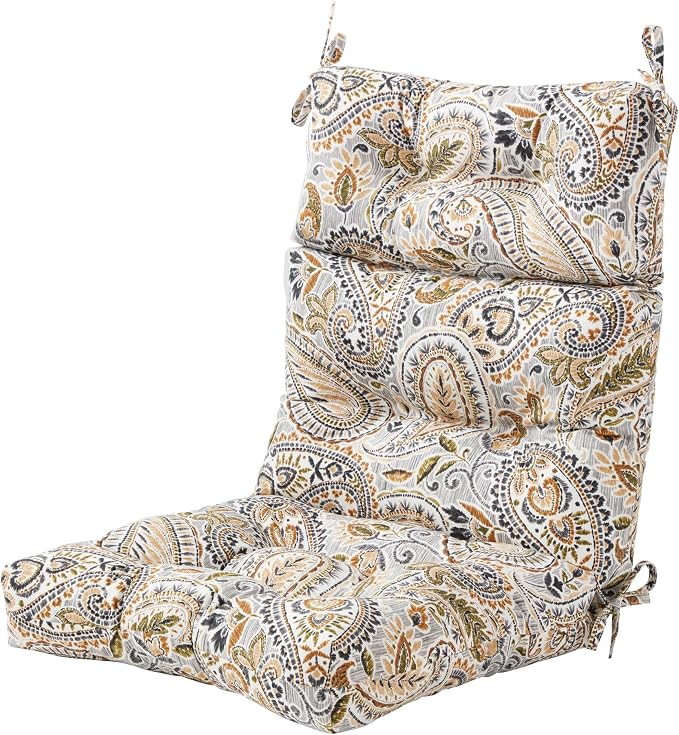 Outdoor Tufted High-Back Chair Cushions, One-Piece Hinged Seat and Back Design, Reversible with 4 Ties, Durable Polyester Fabric, Recycled Fiber Fill - Single, Arctic Paisley