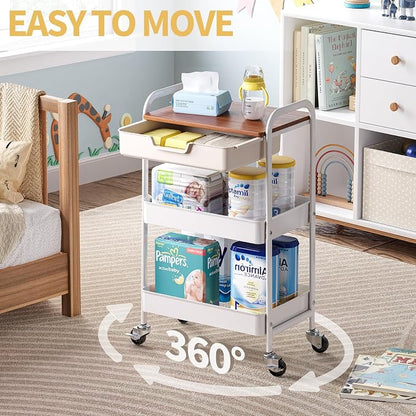 TOOLF 3 Tier Rolling Cart with Drawer, Metal Utility Storage Cart, White | Wooden Tabletop, Lockable Metal Wheels, Trolley Organizer for Bathroom, Kitchen, Office, Nursery, Dorm, Laundry, Craft Room