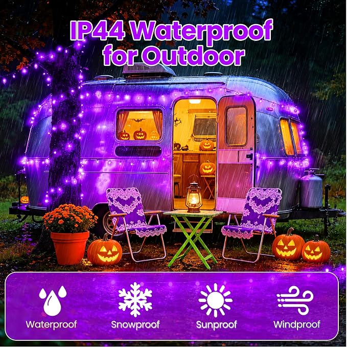 Purple Halloween Lights Outdoor Solar String Lights Waterproof for Halloween Decorations, Total 100LED 45FT for Garden Yard Pathway Fence, 8 Modes 50LED x 2 Packs