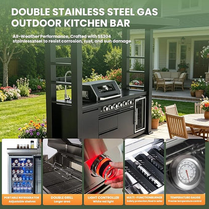 97" Outdoor Kitchen Island,4-Burner Propane Grill Featuring Rotisserie Oven,Side Burner,Mini Wine Fridge,Galvanized Steel Roof,Granite Countertops & Sink – BBQ Grill 72,000 BTU Total.(Black,Propane)