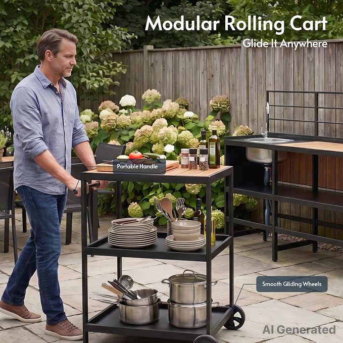 Modular Outdoor Kitchen Island with Sink, 4Pcs Aluminum Outdoor Kitchen Kit | Aluminum Frame, Weatherproof, Modular Grill Cart & Ice box, Large Countertop & Wall Hanging Design, For Patio BBQ, Party