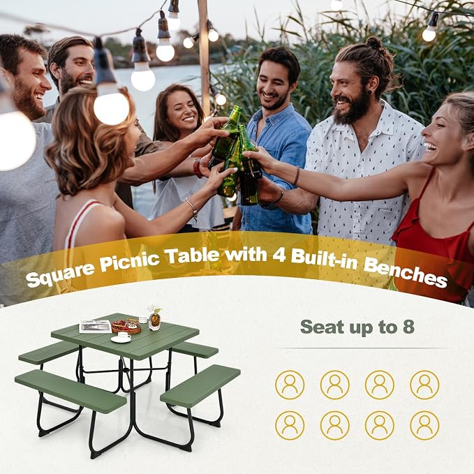 Tangkula 8 Person Picnic Table, Outdoor Square Picnic Table with 4 Built-in Benches, Umbrella Hole, Metal Frame & HDPE Tabletop, Outside Table and Bench Set for Backyard, 2300lbs Weight Capacity