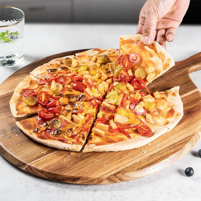 BILL.F Wood Pizza Peel 16 Inch,16" Acacia Wood Round Cutting Board with Handle Pizza Board for Kitchen Charcuterie Decorative Board