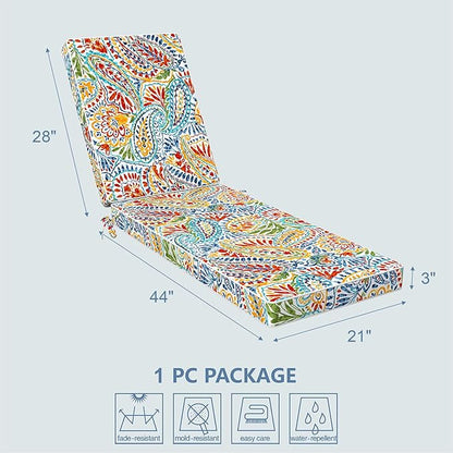 LVTXIII Outdoor Chaise Lounge Cushion 72x21x3 Inch, Water-Repellent Patio Seat Cushion with Ties & Hidden Zipper, Thick Foam Pad for Lawn Chair, Poolside, Patio Furniture, Paisley Multi