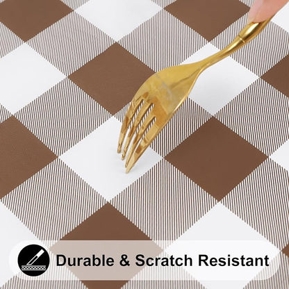 Smiry Rectangle Picnic Table Cloth, Elastic Waterproof Fitted Vinyl Tablecloths, Flannel Backed Buffalo Plaid Table Covers for Dining, Camping, Outdoor (White and Brown, 30" x 72")