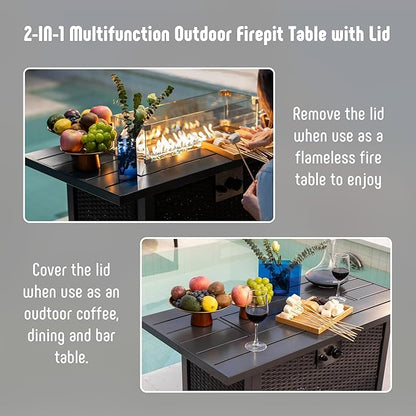 Werph 43" Propane Fire Pit Table with Rattan Fence, 50,000 BTU Gas Fire Pits for Outside Patio with Auto-Ignition, 2-in-1 Fire Table with Natural Lava Rock, Wind Guard& Removable Lid, Black