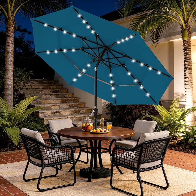 JEAREY 9 ft 3-Tier Outdoor LED Lighted Patio Umbrella w/Crank, Lake Blue | Solar Market Table Umbrella with 8 Sturdy Ribs, UV Protection Waterproof Sunproof for Garden, Deck and Backyard