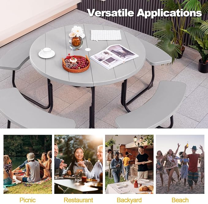 Tangkula 8 Person Picnic Table, Outdoor Round Picnic Table with 4 Built-in Benches, Umbrella Hole, Metal Frame & HDPE Tabletop, Outside Table and Bench Set for Backyard, 2300lbs Weight Capacity