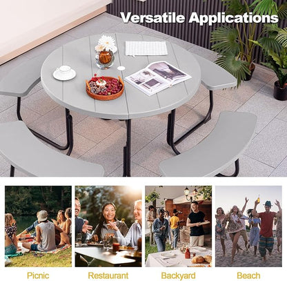 Tangkula 8 Person Picnic Table, Outdoor Round Picnic Table with 4 Built-in Benches, Umbrella Hole, Metal Frame & HDPE Tabletop, Outside Table and Bench Set for Backyard, 2300lbs Weight Capacity