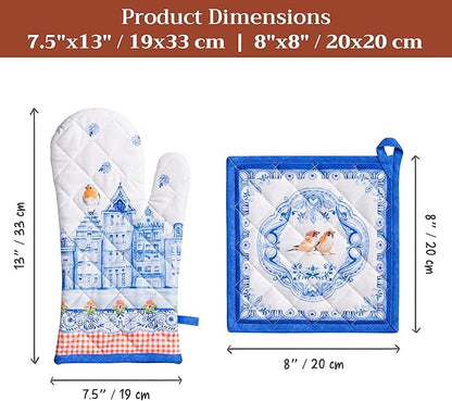 Maison d' Hermine 100% Cotton Oven Mitt & Pot Holder Set (7.5"x13" & 8"x8") Heat Resistant BBQ Cooking Gloves with Loop Baking Grilling Kitchen Hotel Home Farmhouse Spring Summer (Amsterdam Canals)