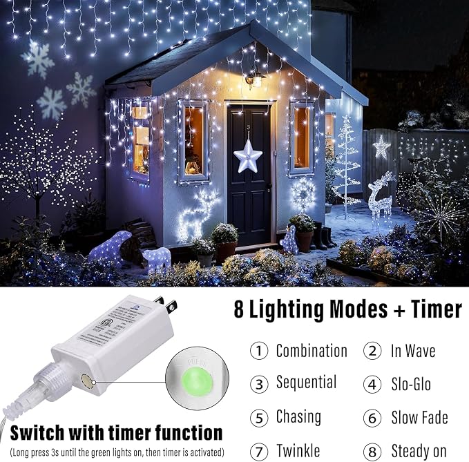 Joomer 66FT Christmas Icicle Lights Outdoor Non-Connectable White | 100 Drops 8 Modes Timer Waterproof Plug-in String Light for Christmas Party, holiday Eaves Roof Xmas Decorations