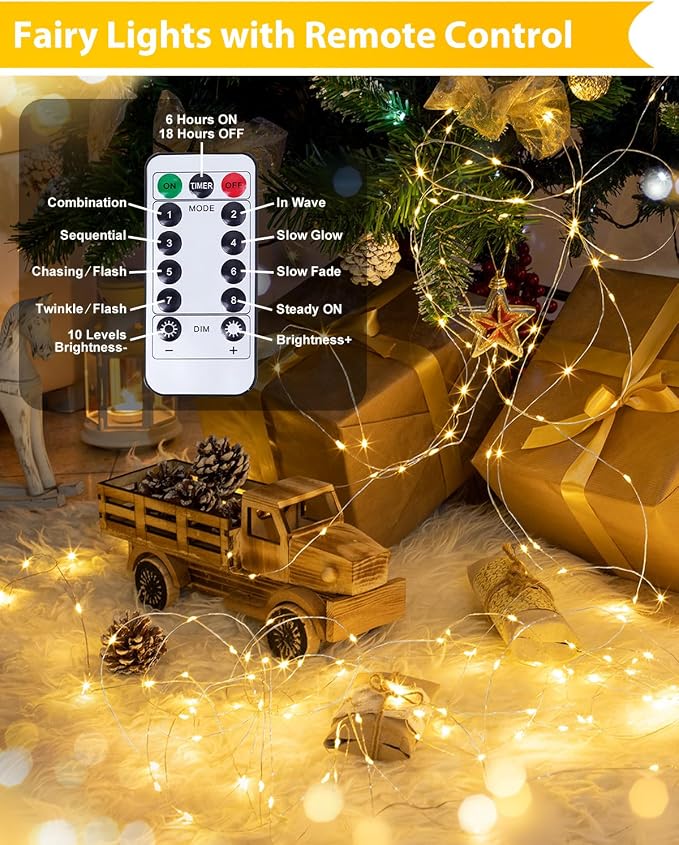 8 Pack 60 LED Fairy Lights Battery Operated with Remote, 20 FT Warm White | Cuttable, 8 Modes, Memory, Dimmable, Waterproof Battery String Lights with Timer for Indoor Outdoor, Christmas Decorations
