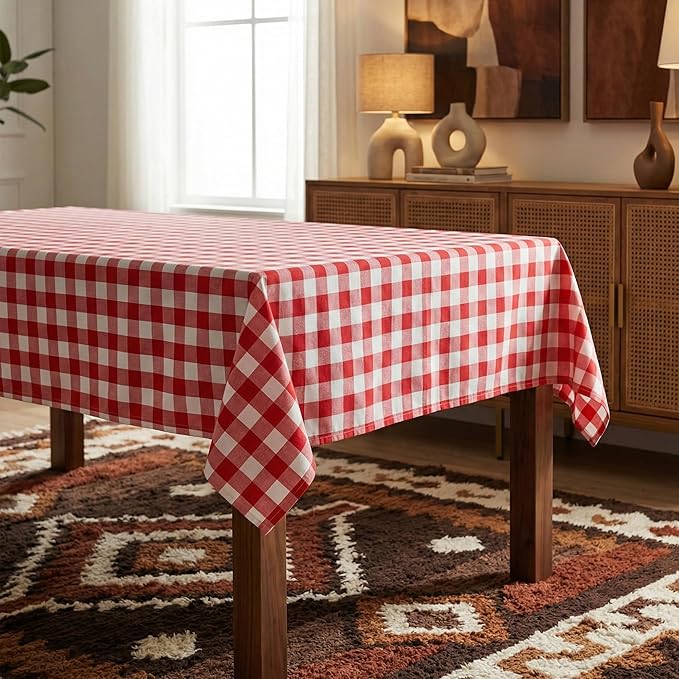 Red and White Gingham Tablecloth, Waterproof Outdoor Picnic Table Cover for Summer BBQ, Farmhouse Kitchen, Patio Dining, Reusable Machine Washable Checkered Table Cloth, W60 x L60 in
