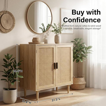 Finnhomy Sideboard Buffet Cabinet, Kitchen Storage Sideboard with Rattan Decorated Doors, Liquor Coffee Buffet, Dining Room, Hallway, Console Table, Accent Cabinet, 31.5X 15.8X 34.6 Inches, Natural