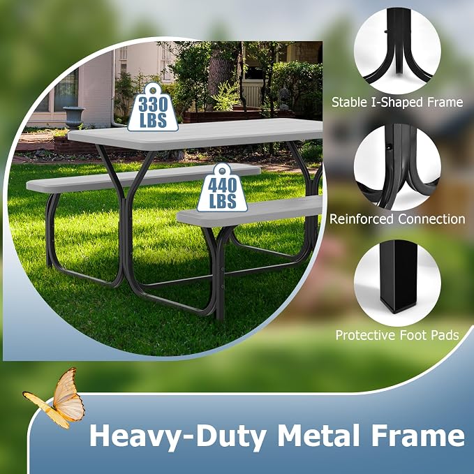 GYMAX Picnic Table, Picnic Bench Easy to Assemble w/All Weather Wood Grain Tabletop & Metal Frame, Picnic Tables for Outdoors Camping Backyard Deck Patio Poolside Dining Party