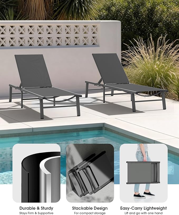 Ciokea Foldable Outdoor Lounge Chair Set of 2, No Assembly Aluminum Chaise Lounge Outdoor with 5 Adjustable Positions, Pool Lounge Chairs with Portable Design for Pool, Beach, Deck, Patio, Grey