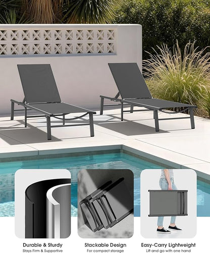 Ciokea Foldable Outdoor Lounge Chair Set of 2, No Assembly Aluminum Chaise Lounge Outdoor with 5 Adjustable Positions, Pool Lounge Chairs with Portable Design for Pool, Beach, Deck, Patio, Grey