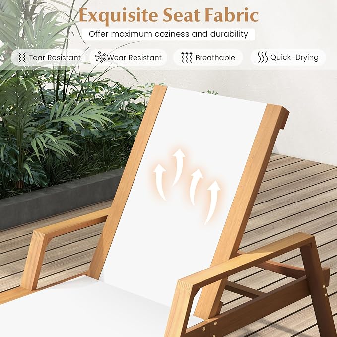 Tangkula Wood Chaise Lounge Chair Outdoor, Patio Sun Lounger with Adjustable Back, Acacia Wood Lounge Chair with Breathable Fabric for Poolside Lawn Backyard