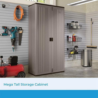 Suncast Mega Tall Storage Cabinet for Garage Organization - 31 Cu. Ft. Lockable Utility Closet with 3 Adjustable Shelves for Garden Supplies & Outdoor Tools, Multi-Wall Resin Construction, Platinum