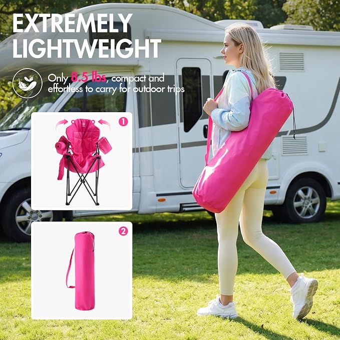 EVER ADVANCED Oversized Camping Chairs, Folding Chairs for Outside Heavy Duty 400LBS Lawn Chairs High Back Camp Chair with Cup Holder for Outdoor, Fishing & Sports, Pink