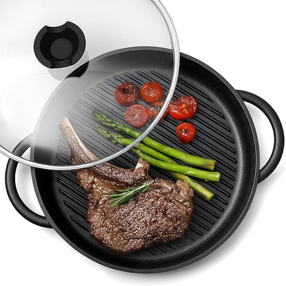 Moss & Stone 12” Nonstick Grill Pan for Indoor Cooking, Cast Aluminum Griddle Pan for Stove Top & Induction, Dishwasher & Oven Safe, Grill Pan with Lid, Silicone Handles, PFOA Free