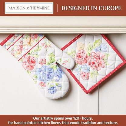 Maison d' Hermine 100% Cotton Oven Mitt & Pot Holder Set (7.5"x13" & 8"x8") Heat Resistant BBQ Cooking Gloves with Loop Baking Grilling Kitchen Hotel Home Farmhouse Spring Summer(Vintage Floral)