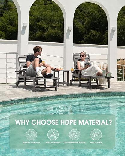 Lounge Chair Outdoor Set of 2, HDPE Chaise Lounge Outdoor with 5-Position & Wheels &Cup Holder, Pool Lounge Chair for Pool Poolside Deck Backyard Patio, Light Grey