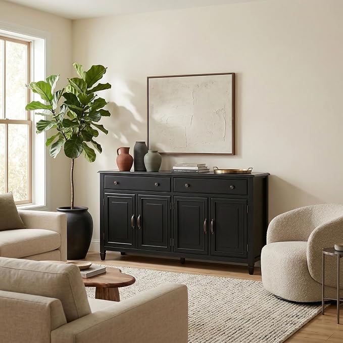SIMPLIHOME Connaught 67" Wide Solid Wood Sideboard Cabinet in Black | Traditional 4-door dining room buffet with 2 drawers and adjustable shelves for organized kitchen or living room storage.