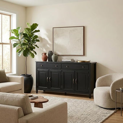 SIMPLIHOME Connaught 67" Wide Solid Wood Sideboard Cabinet in Black | Traditional 4-door dining room buffet with 2 drawers and adjustable shelves for organized kitchen or living room storage.