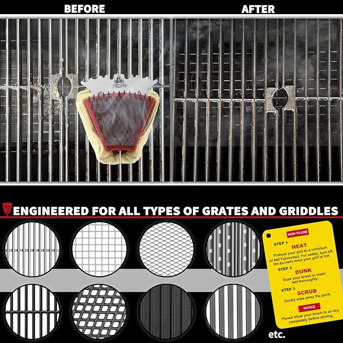 GRILLGEN Grill Brush and Scraper -Heavy Duty Double-Sided with Steam Cleaner Head for Porcelain，Cast Iron, Stainless Steel Grates, Outdoor BBQ Grill Cleaner Accessories