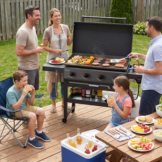 Feasto 36-Inch 4 Burner Propane Flat Top Grill with Hood and Side Burner | 720 Sq. In. Outdoor Griddle with Protective Hood, 50,000 BTU Main Burners, 13,000 BTU Lidded Side Burner, Folding Side Table
