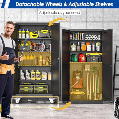 GAIOUS Metal Garage Storage Cabinet with Lock, Steel Tool Cabinet with 2 Door and 4 Adjustable Shelves, 71” Tall Lockable File Cabinet with Wheels, Rolling Cabinet for Home Office Garage Gym - Black