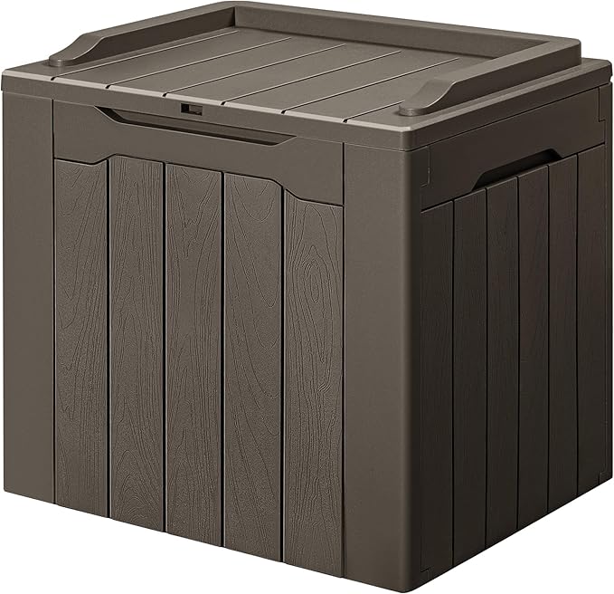 GUNJI 30 Gallon Small Deck Box Outdoor Waterproof Resin Storage Box Lockable Storage Container Outside Package Delivery (Brown)