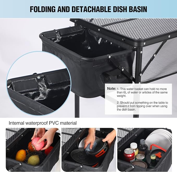 Portable Grill Table with Sink for Outside, Aluminum Frame Folding Grill Stand Table for Outdoor Camping Picnic BBQ, Lightweight Adjustable Height, 36 x 20 x 31 Inches, Black