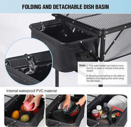 Portable Grill Table with Sink for Outside, Aluminum Frame Folding Grill Stand Table for Outdoor Camping Picnic BBQ, Lightweight Adjustable Height, 36 x 20 x 31 Inches, Black