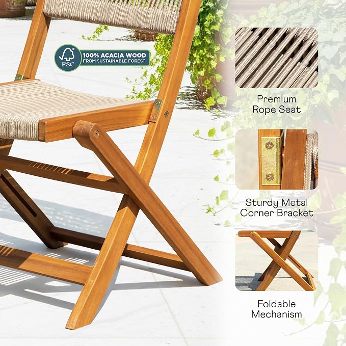 Wood Rope Design Bistro Chairs, Folding Patio Set of 2 Chairs – Heavy-Duty 400lbs Capacity Outdoor Seating for Balcony, Garden, or Porch