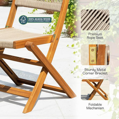 Wood Rope Design Bistro Chairs, Folding Patio Set of 2 Chairs – Heavy-Duty 400lbs Capacity Outdoor Seating for Balcony, Garden, or Porch
