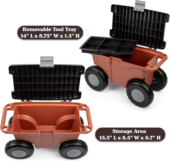 Pure Garden Rolling Garden Cart with Seat, Terracotta | Plastic Garden Bench with Tool Tray for Storage - Gardening Stool for Weeding or Planting