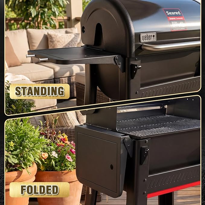 Grill Side Table Shelf for Weber Searwood 600 & 600XL, Foldable BBQ Prep Station with Cutting Board, Stainless Steel Basin, Lid & Tool Hooks – Space-Saving Side Shelf Accessory