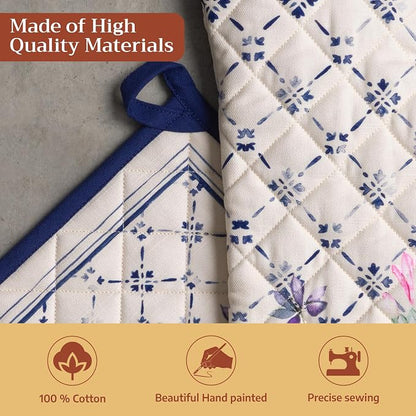 Maison d' Hermine 100% Cotton Oven Mitt & Pot Holder Set (7.5"x13" & 8"x8") | Heat Resistant BBQ Cooking Gloves with Loop Baking Grilling Kitchen Hotel Home Farmhouse Spring Summer - Faience