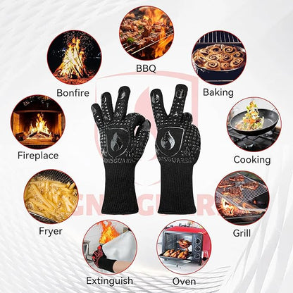 BBQ & Grill Gloves, Oven Gloves, 1472°F Silicone Oven Mitts Heat Resistant Grilling Gloves Fireproof Non-Slip for Barbecue Cooking Baking Smoking, 1-Pair Black（M）