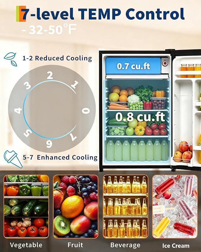 Garvee 4.5 Cu.Ft Mini Fridge with Freezer, Low Noise< 38dB, Compact Refrigerator w/Reversible Door, Adjustable Thermostat, Energy-Efficient Small Fridge for Bedroom, Office, Dorm | Low Noise 38dB with Adjustable Thermostat, Small Refrigerator for Bedro...
