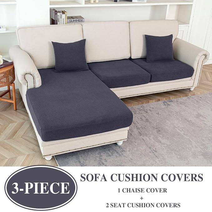 LA MEACK Couch Cushion Covers for Sectional Sofa L Shape Washable Separate Seat Chaise Couch Cover Stretch Sofa Slipcovers with 2 Pcs Pillowcases(2 Seater + 1 Chaise, Dark Grey)
