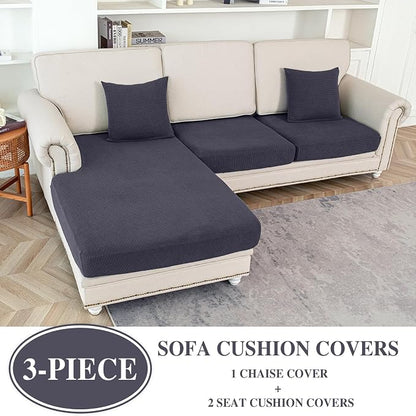 LA MEACK Couch Cushion Covers for Sectional Sofa L Shape Washable Separate Seat Chaise Couch Cover Stretch Sofa Slipcovers with 2 Pcs Pillowcases(2 Seater + 1 Chaise, Dark Grey)