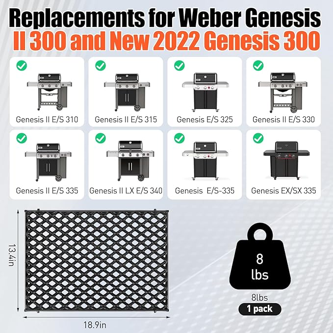 18.75" Dual Sided Diamond Sear Grill Grates for Weber Genesis II 300 and Genesis II LX 300 Series Grills, Genesis II E&S 310 315 320 325 340, Grill Parts for Weber Genesis 2, Weber 66095,66805, 1 Pack