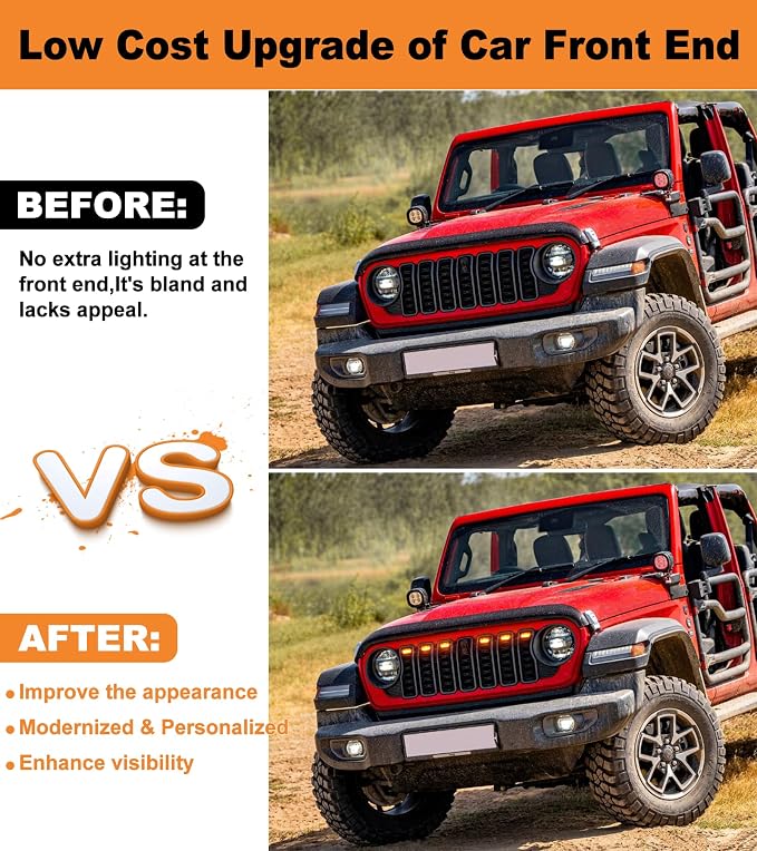 LED Grill Lights for Jeep Wrangler JL JLU Accessories 2024-2026, Amber | Direct-Snap Front Grille LED Accent Marker Lights, IP68 Waterproof, Enhanced Night Visibility, Raptor-Style Exterior Lighting