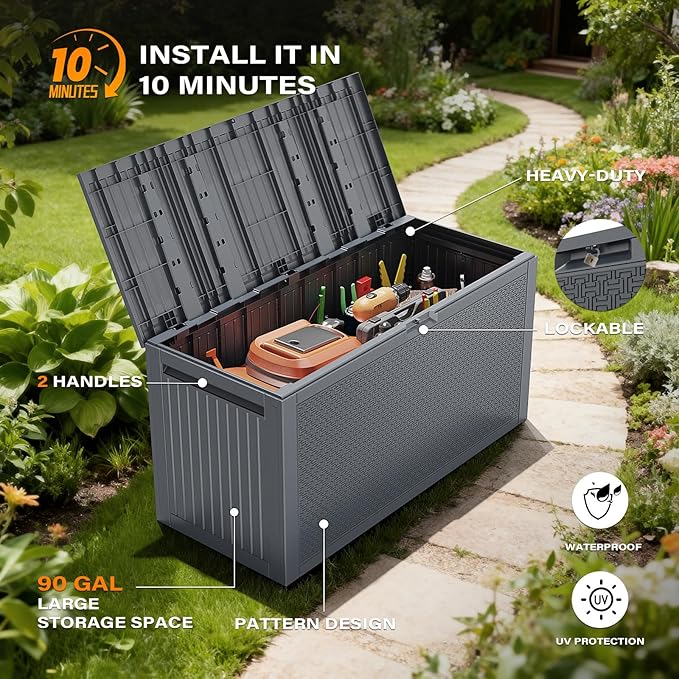 VINGLI 90 Gallon Outdoor Storage Box, Lockable Plastic Storage Containers with Lid, Patio Deck Box Furniture for Garden, Pool, Balcony, Yard (Gray)
