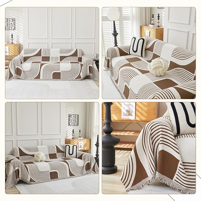 WEYOND Boho Couch Cover, Chenille Sofa Covers Washable, 91" x 150", Coffee | Couch Covers for 3 Cushion Couch Sofa Pet Friendly, Bohemian Sofa Slipcovers for Sectional Sofa, Loveseat, 2 3 4 Seater