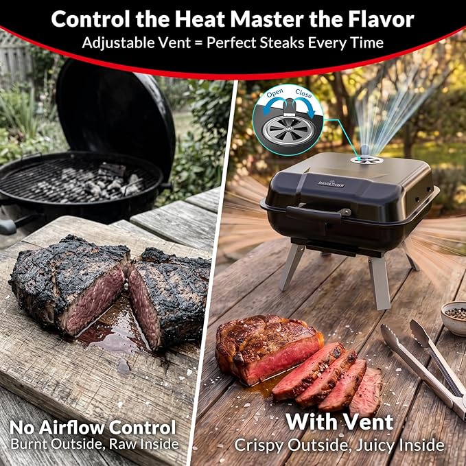 Portable Charcoal Grill, Small Charcoal Grill, Tabletop BBQ Grill, Foldable Camping Grill, Outdoor Grill for Picnic, Tailgating, Travel, Porcelain-Enamel Grates, Adjustable Air Vent