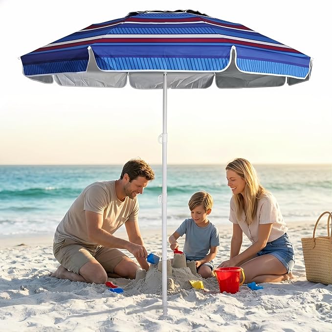 LOTTAFUN 6ft Beach Umbrella - Heavy Duty Wind Resistant UV 50+ Portable Sun Shade with Sand Anchor & Carry Bag, Outdoor Folding Umbrella for Beach, Pool, Patio, Garden (Blue color strip) No Tilt The sand needs to exceed the spiral 6inch